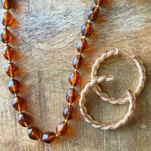 Vintage Brown Necklace + Hoop Earrings Set